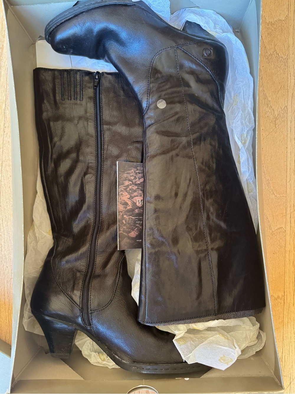 Born Black Leather Knee-High Heeled Boots with Side Zip - Picture 2 of 7